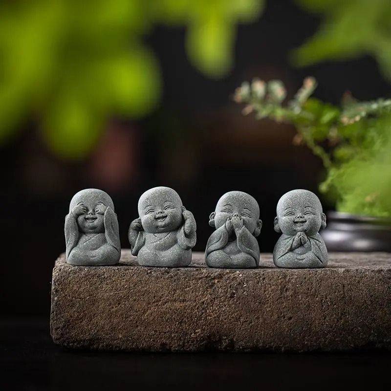 Serene Zen Little Monk Set - 4-Piece Hand-Finished Stone Sculptures for Meditation Spaces, Modern Desks, & Sacred Garden