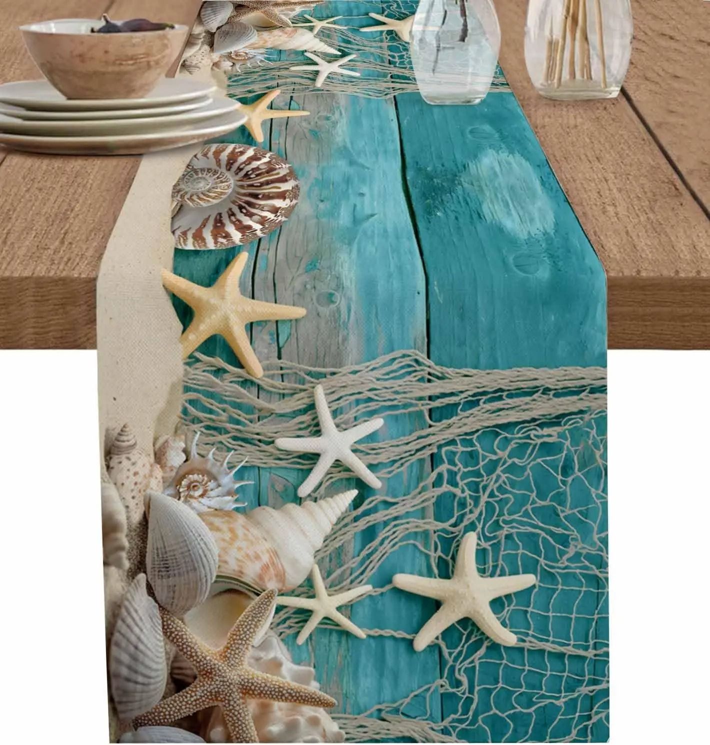 Summer Beach Starfish & Shell Linen Table Runner