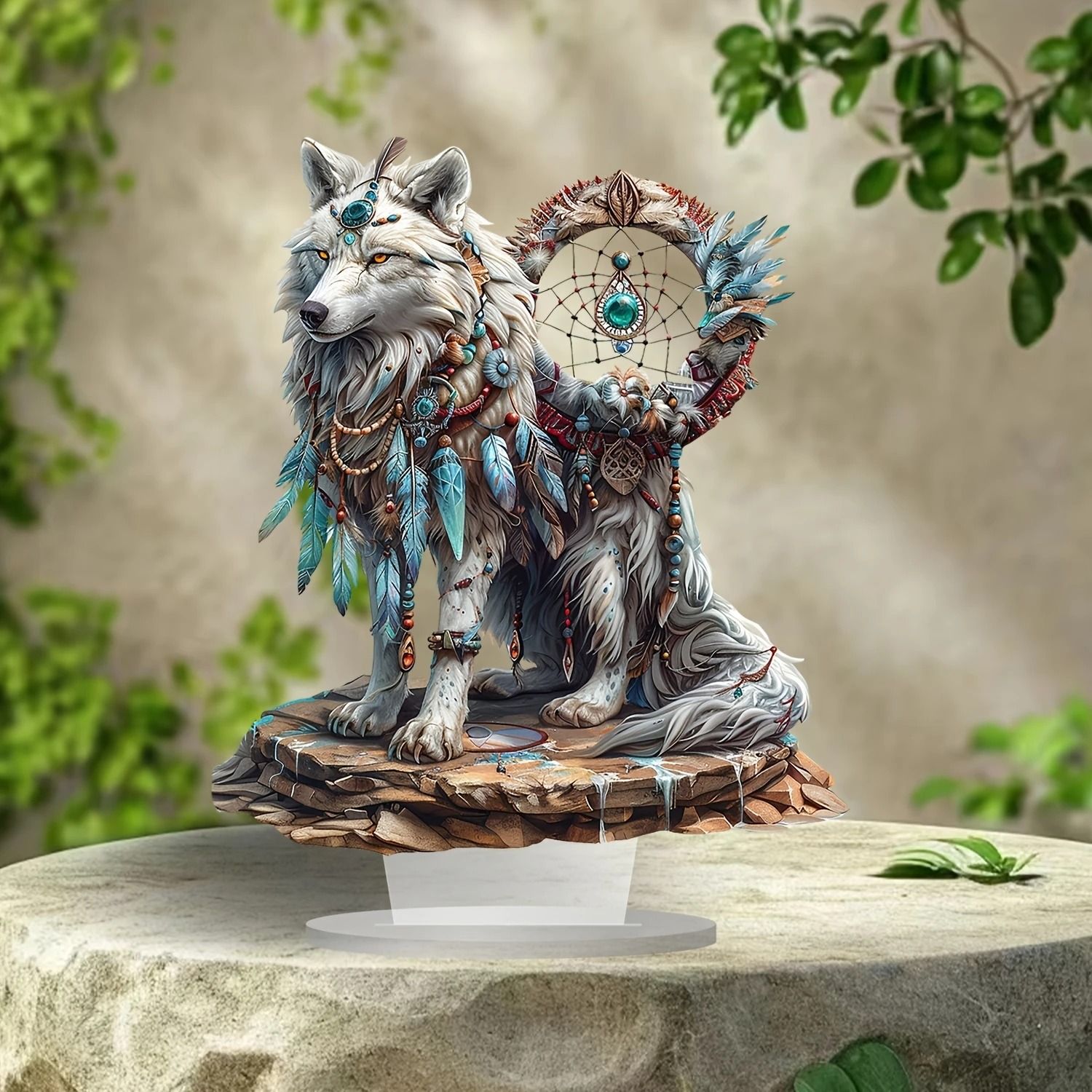 Majestic White Wolf Dream Catcher Acrylic Desk Decor