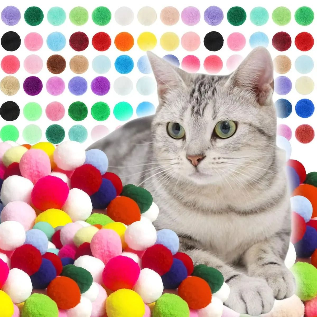 98-Piece Premium Plush Cat Toy Balls – Soft Assorted Color Pom-Poms for Chasing & Interactive Play
