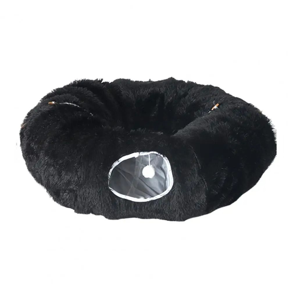 Plush Donut Cat Tunnel Bed – Round Convertible Play Labyrinth with Hanging Toy Balls & Washable Peekaboo Hiding Cave