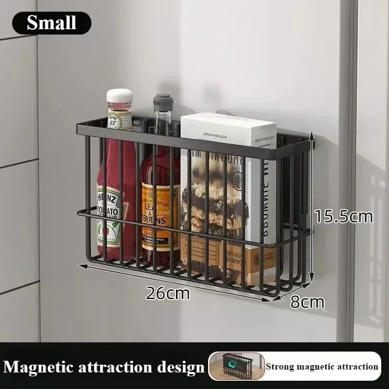 Modern Magnetic Refrigerator Storage Rack and Wall-Mounted Metal Organizer Basket