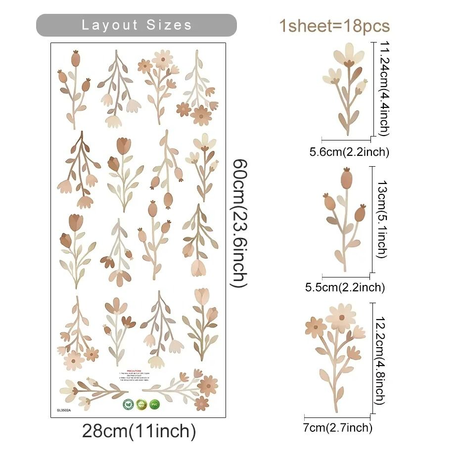 Boho Watercolor Flowers & Leaves Vinyl Wall Sticker Set