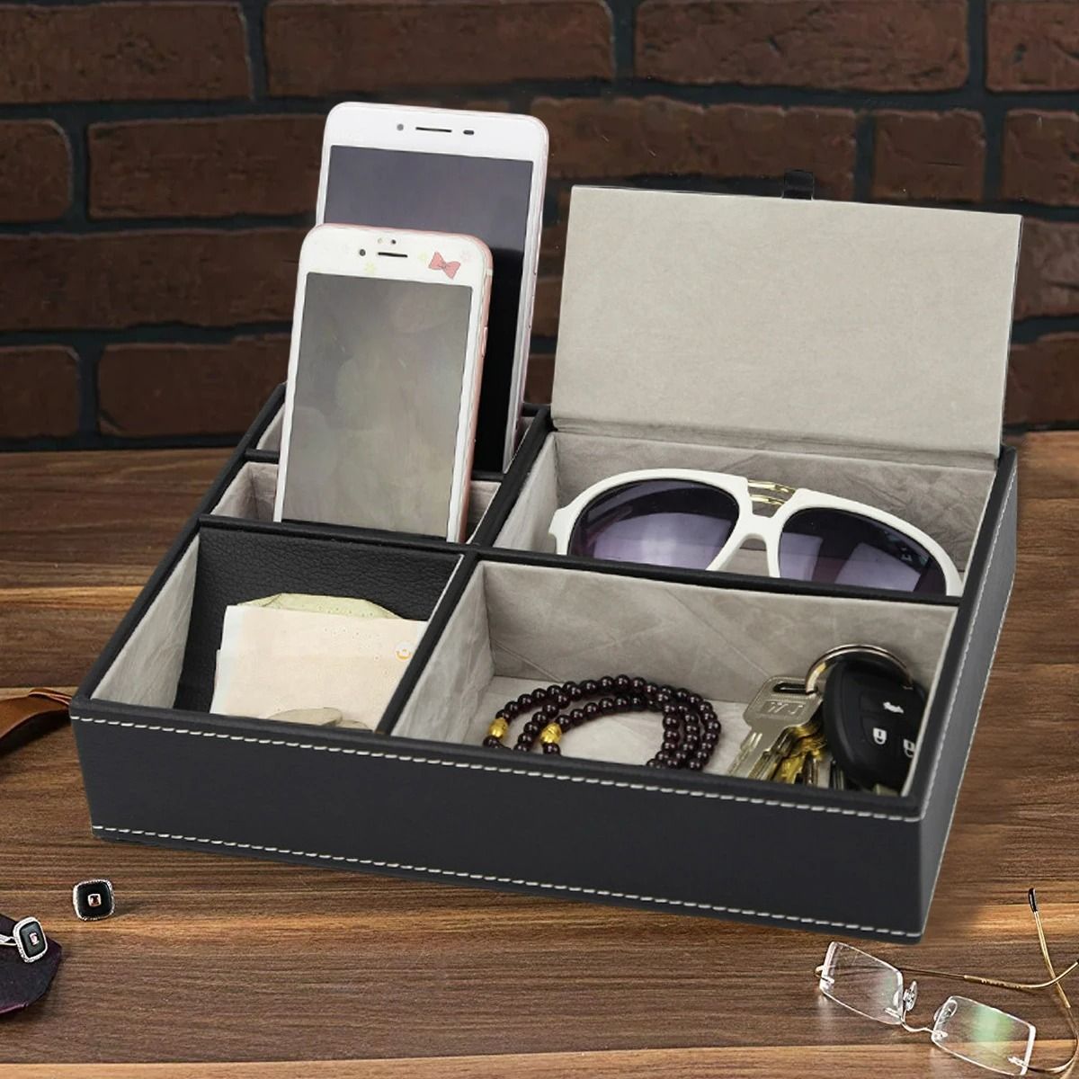 Faux Leather 5-Compartment Men's Valet Tray & Nightstand Organizer
