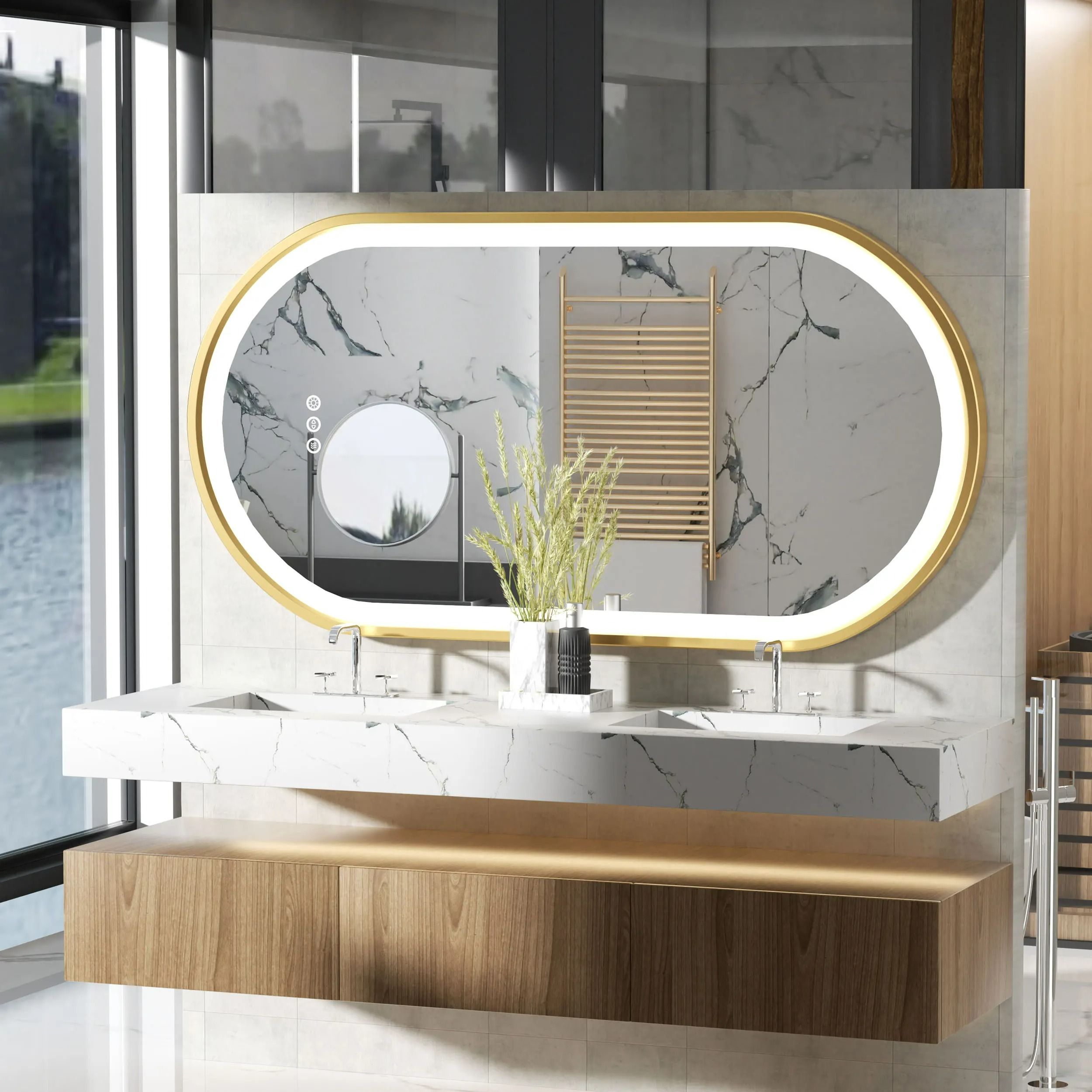 Large Framed Oval LED Bathroom Vanity Mirror with Stepless Dimming & Defogger