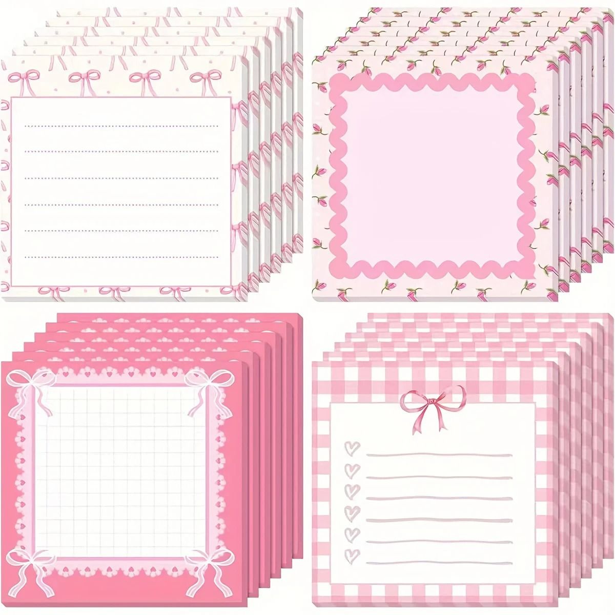 4 Piece Pink Bow Sticky Note Pad Set with Floral and Heart Designs