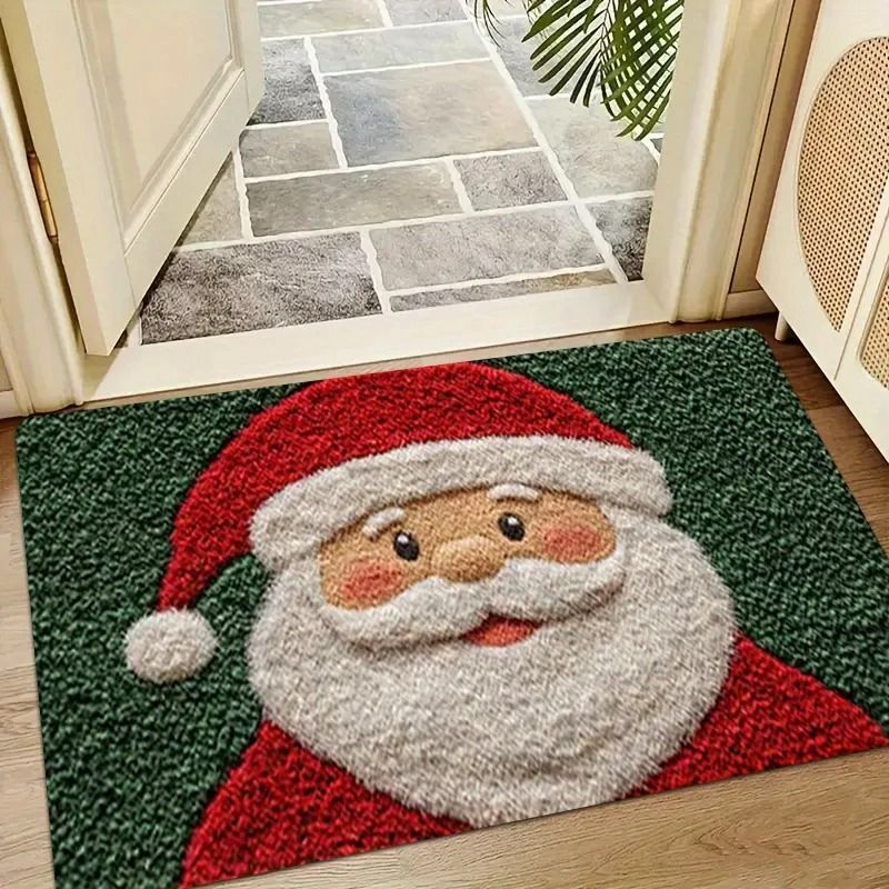 Merry Christmas Door Mat Santa Claus and Gingerbread Man Indoor Outdoor Rug