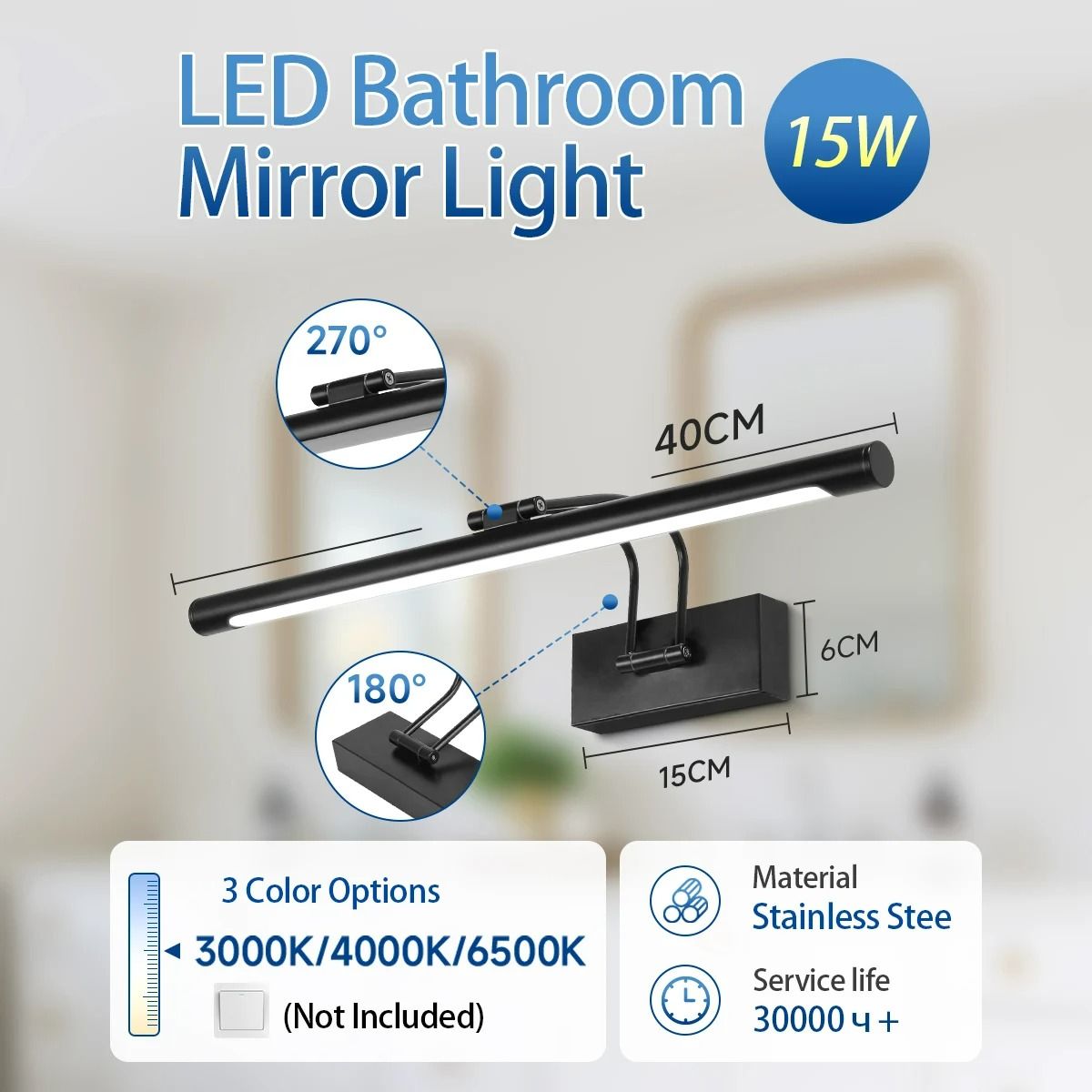 Dimmable 3-Color LED Bathroom Vanity Mirror Front Bar Light