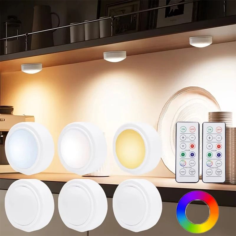 Rechargeable 16-Color RGBW LED Puck Lights with Remote Control (3 Pack)