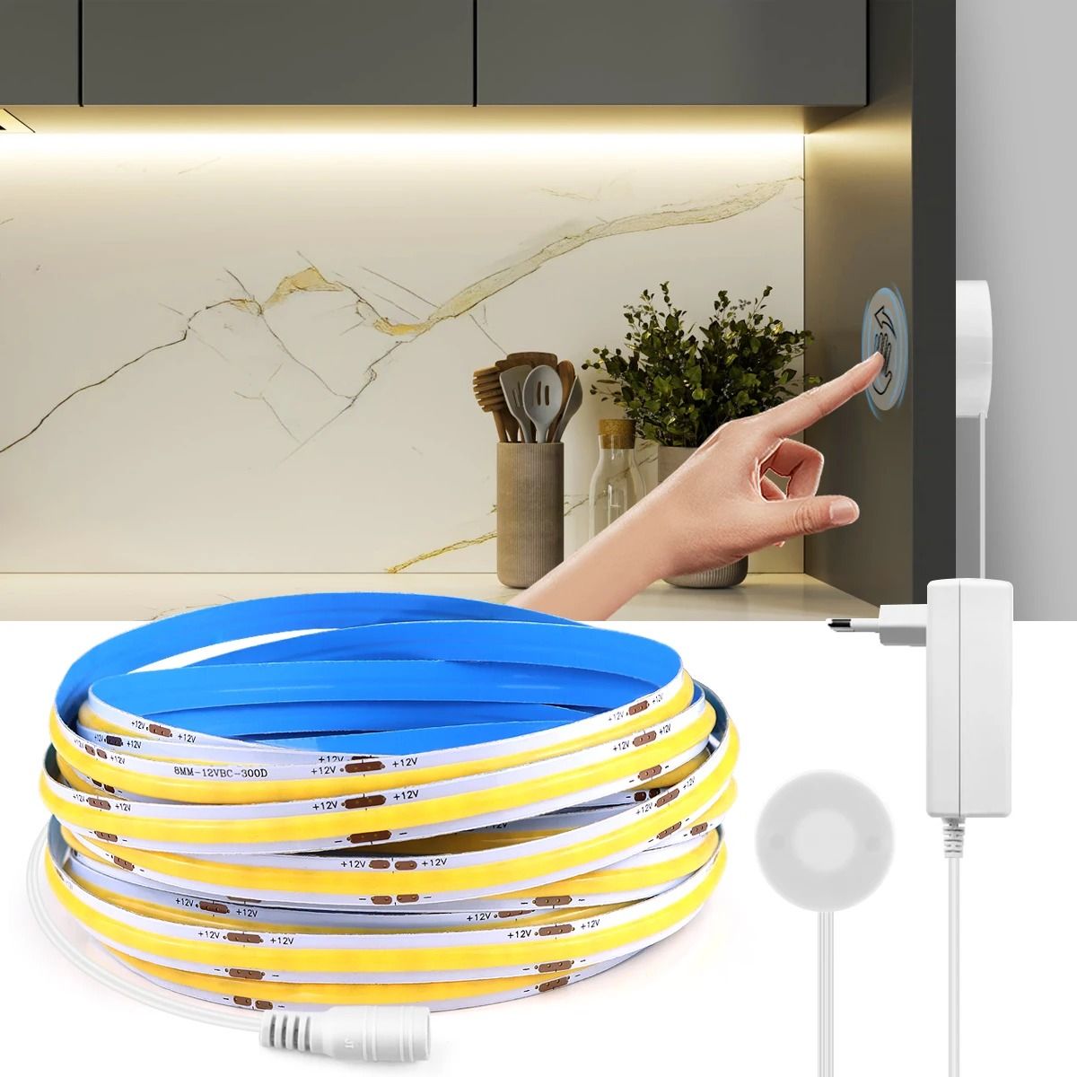 12V COB Flexible LED Strip Light with Touch Dimmer & Hand-Sweep Sensors