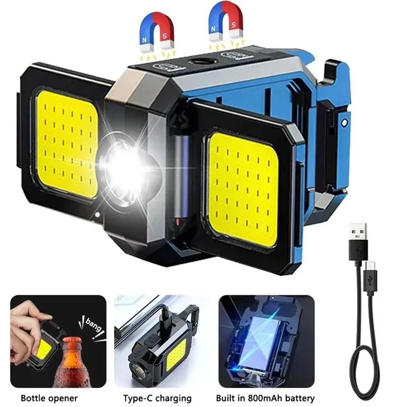 Mini COB Keychain Light with 90° Foldable Side Lights