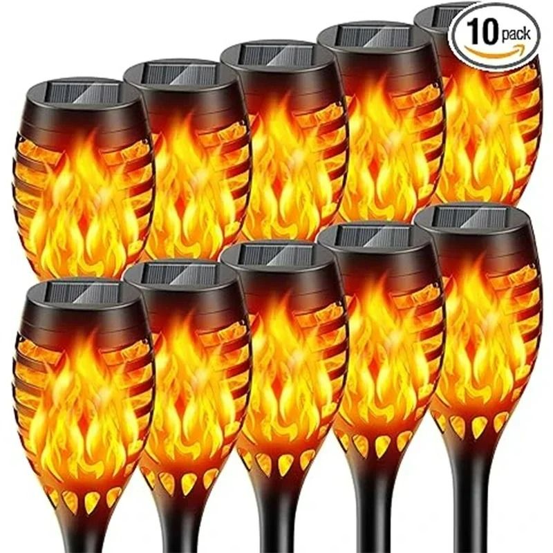 10-Pack Solar Flickering Flame Torch Lights & Outdoor Pathway Accent