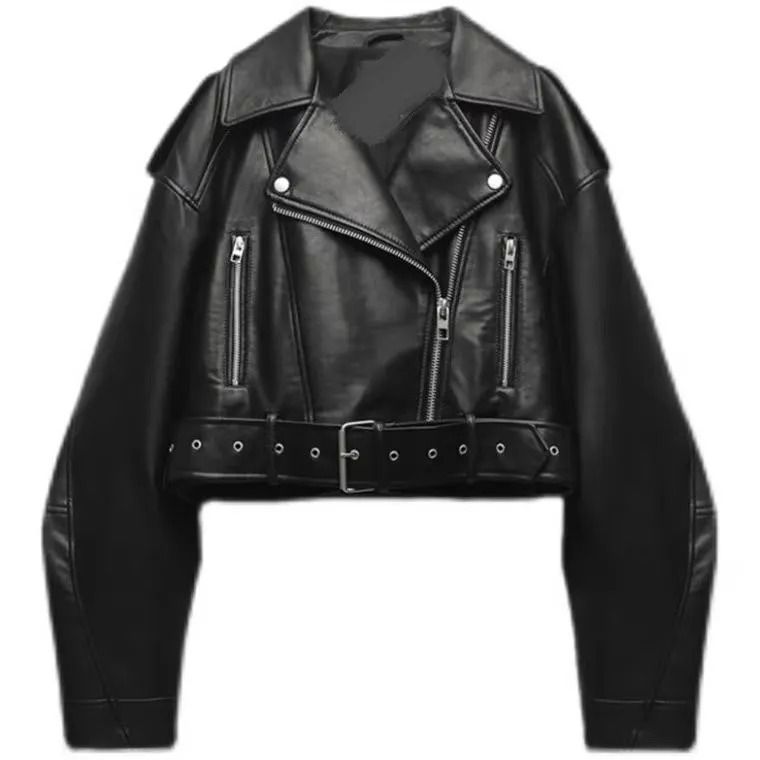 Oversized Vintage PU Leather Biker Jacket with Belt