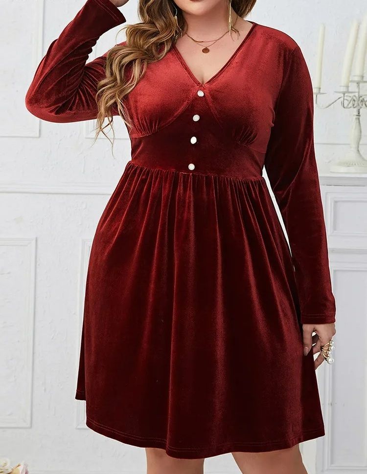Women's Elegant Red Plus Size Velvet V-Neck Dress