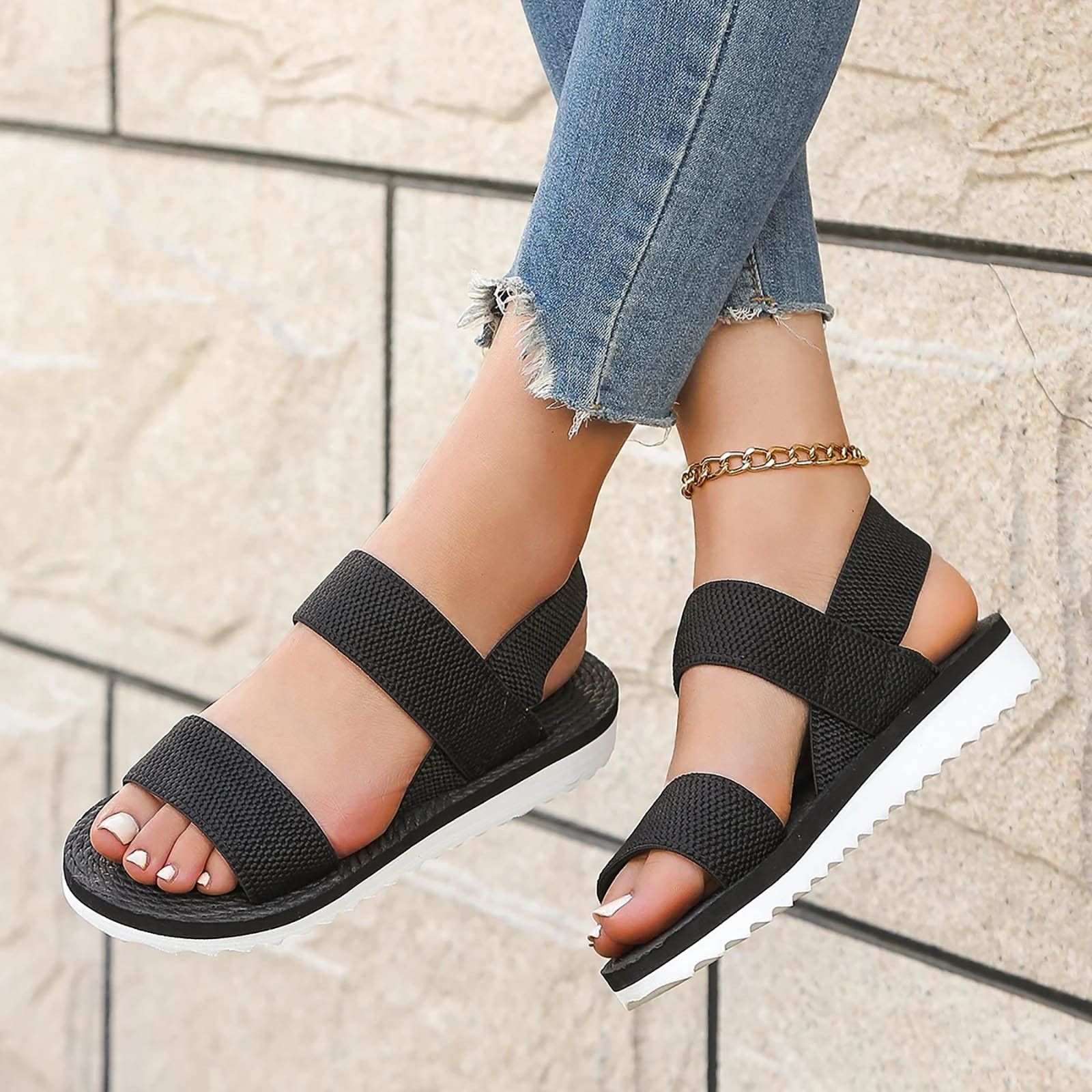 Women's Black Flat Sandals - Comfortable Anti-Slip Summer Shoes with Lace-Up Detail