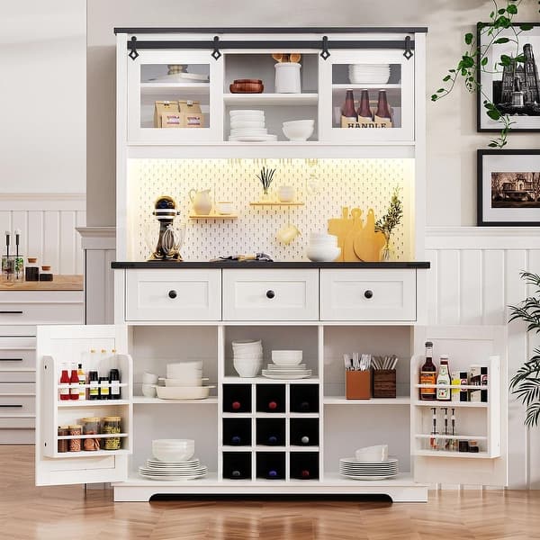 71in Rustic Coffee Bar Cabinet – Farmhouse Pantry with Power Outlet and Storage Drawers