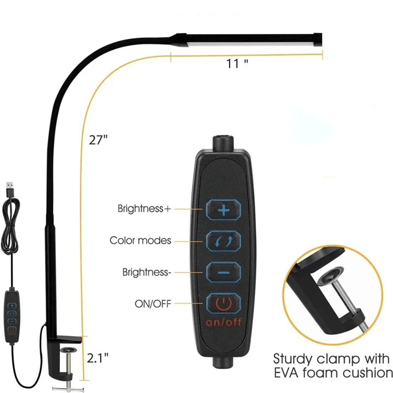Dimmable Clip On LED Desk Lamp with Flexible Arm for Reading Office and Computer Use