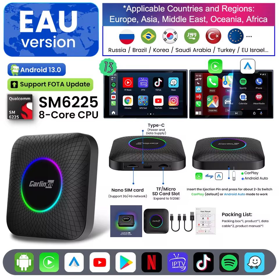 Carlinkit Android 13 Wireless CarPlay & Android Auto TV Box - 8GB RAM, 128GB Storage, Built-in GPS & Streaming Support