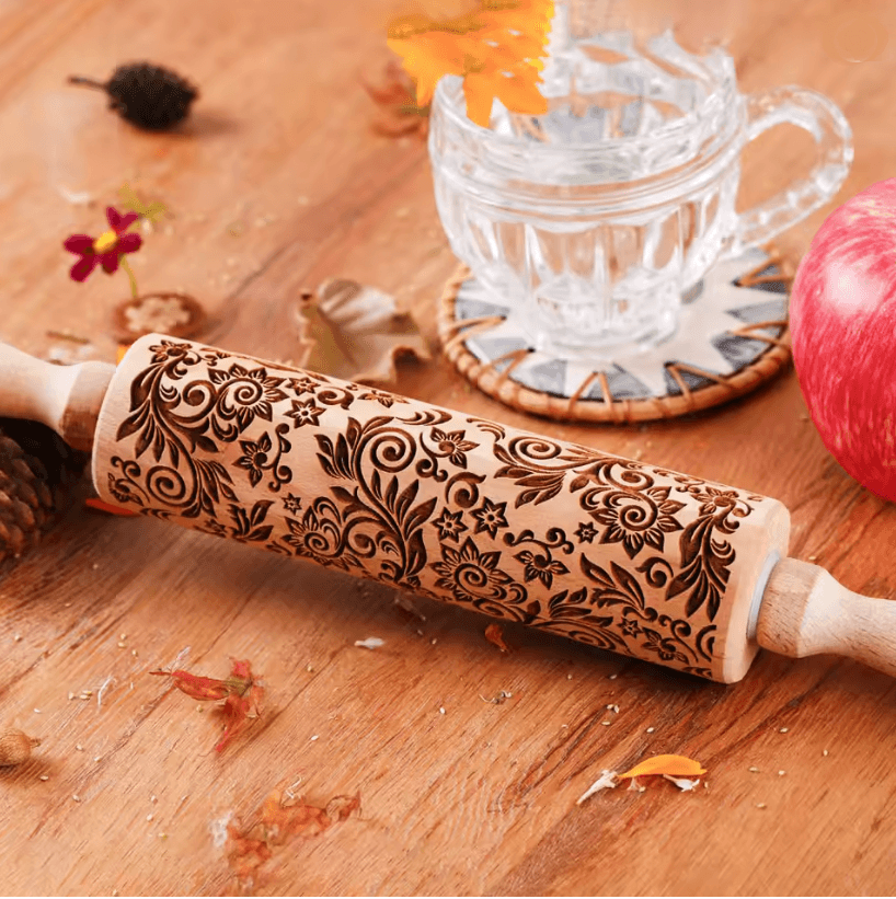 Sunflower Pattern Embossed Rolling Pin for Cookie Dough and Pastry Design