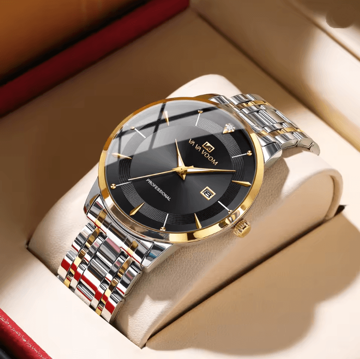 Luxury Mens Stainless Steel Watch with Quartz Movement and Rhinestone Detailing
