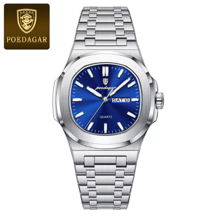 POEDAGAR Luxury Square Military Mens Watch Stainless Steel Waterproof Design