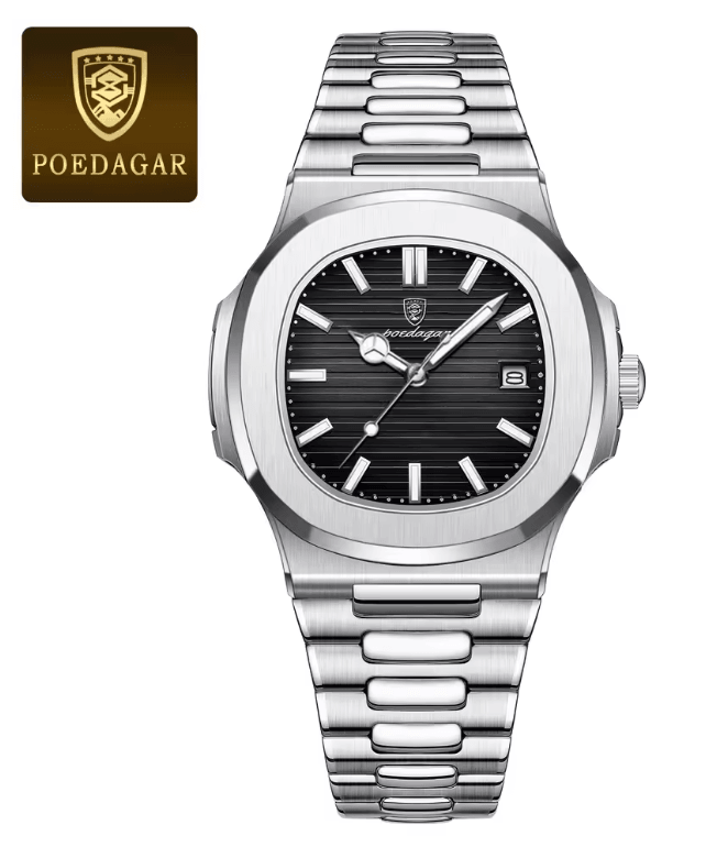 POEDAGAR Luxury Square Mens Watch Stainless Steel Waterproof Quartz Design