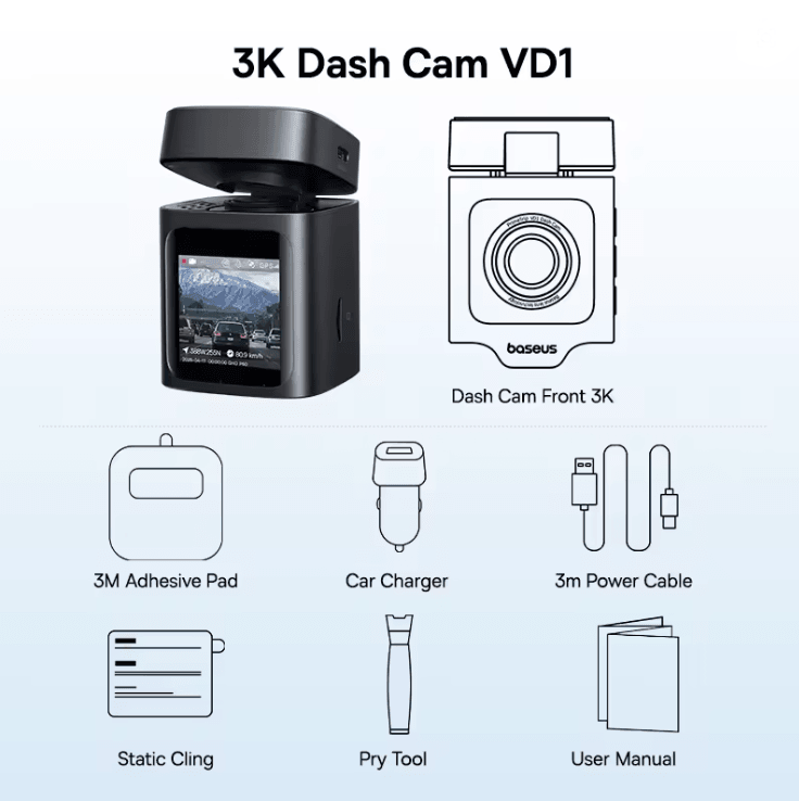 Baseus 3K Dash Cam Front and Rear Car Camera with GPS and 24H Parking Support