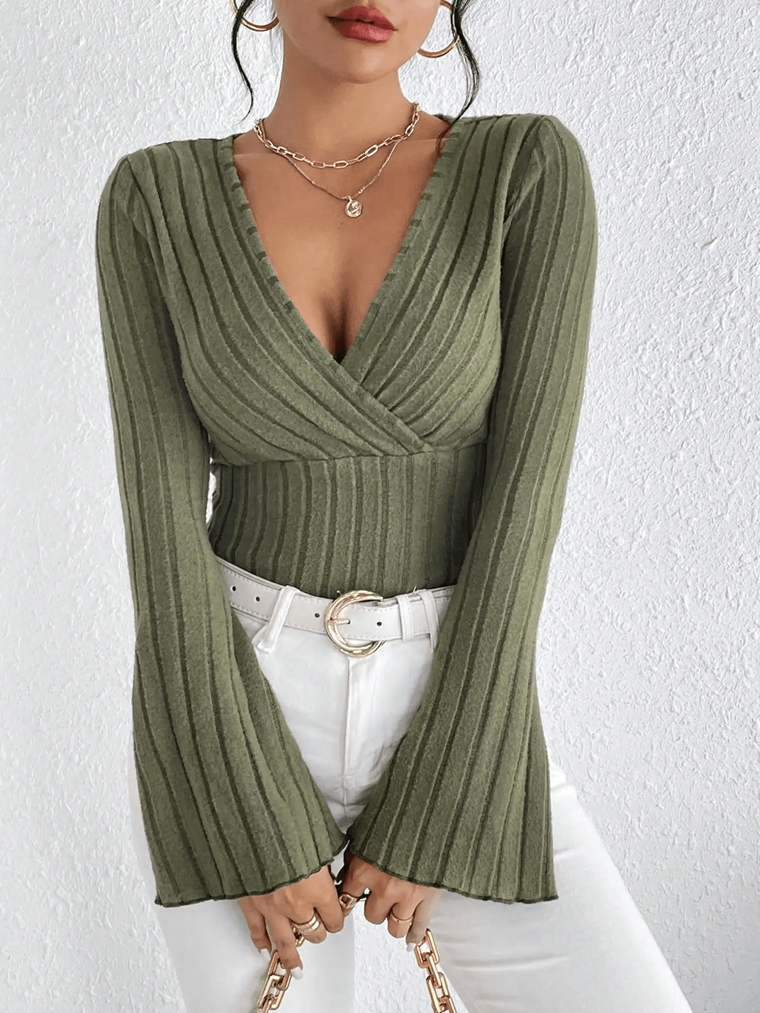 VelviFit Ribbed Knit V Neck Long Sleeve Top for Women | Inspire Uplift