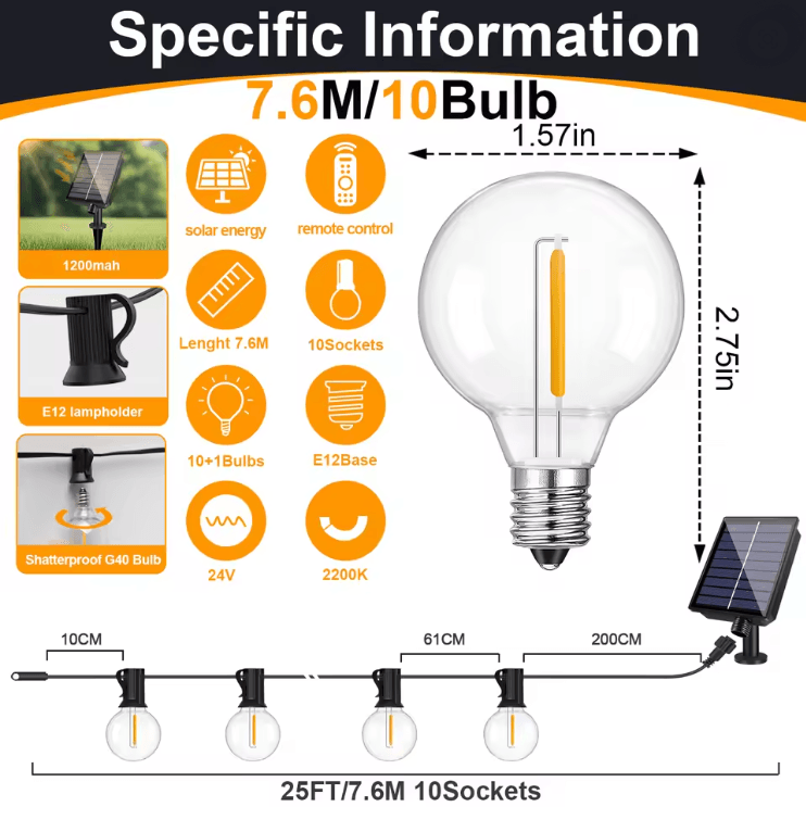 GlowGarden Solar Globe String Lights G40 Outdoor Set