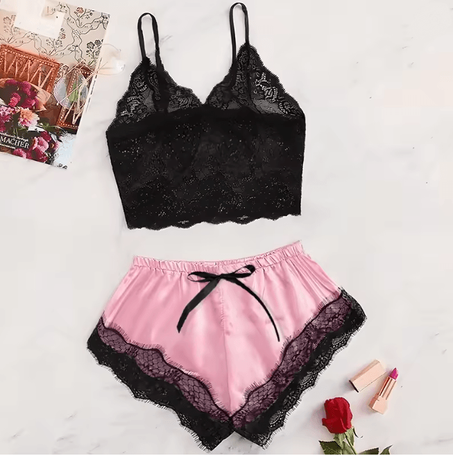 Womens Satin Pajama Set Lace Cami and Shorts Sleepwear