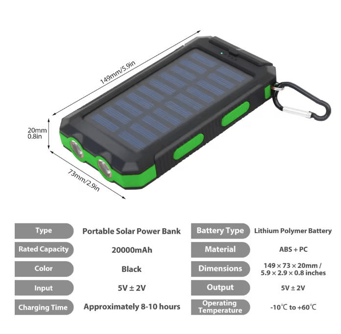 20000mAh Solar Power Bank Waterproof Portable Charger for Outdoor Use