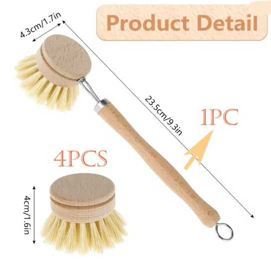 Wooden Handle Kitchen Dish Brush Set with Replacement Heads