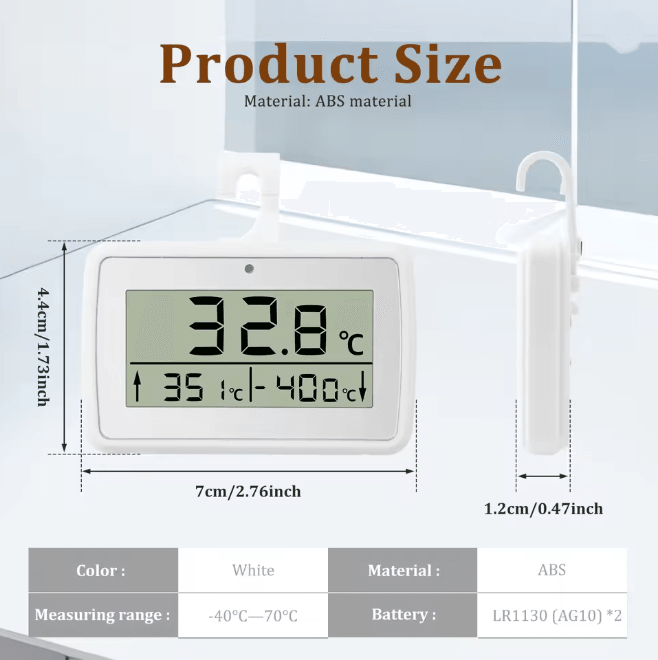 Digital Fridge Thermometer with Hook for Refrigerator and Freezer Monitoring