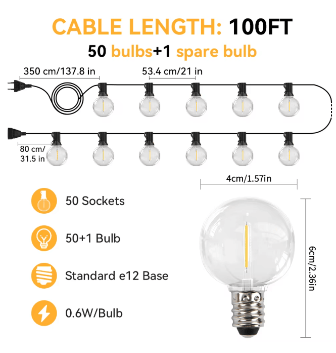 Outdoor LED Fairy String Lights 30M Vintage G40 Patio Garden Light for Parties and Weddings