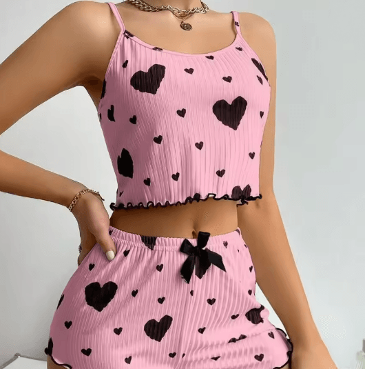 Y2K Heart Silk Pajama Set Cute Kawaii Cami and Shorts Sleepwear