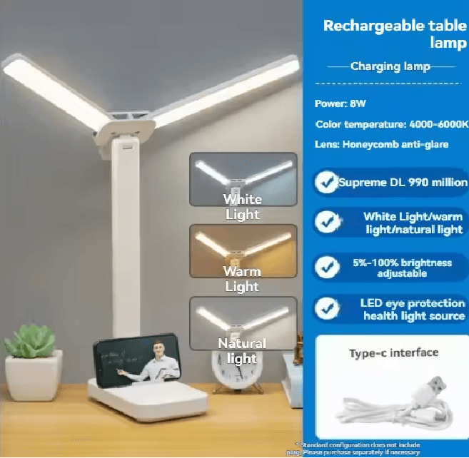 Dual Head LED Desk Lamp Foldable Dimmable USB Rechargeable Reading Light