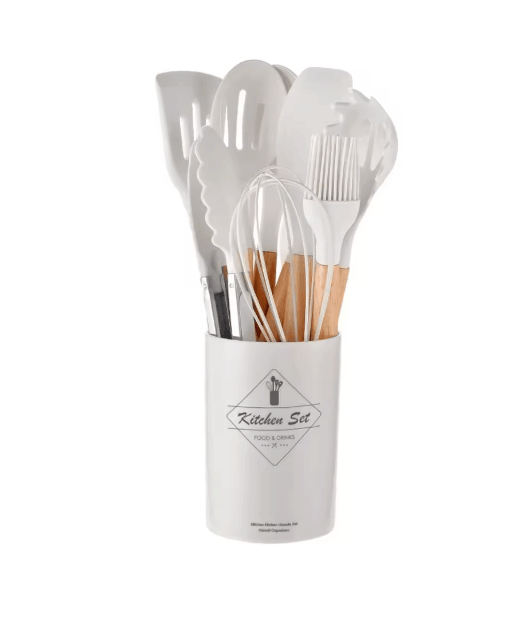 12 Piece Mint Green Silicone Kitchen Utensils Set with Wooden Handles and Holder