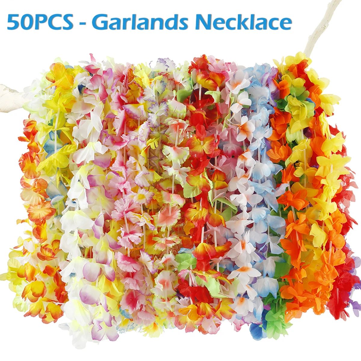 50 Piece Hawaiian Flower Lei Set Colorful Party Necklaces for Luau Beach and Events