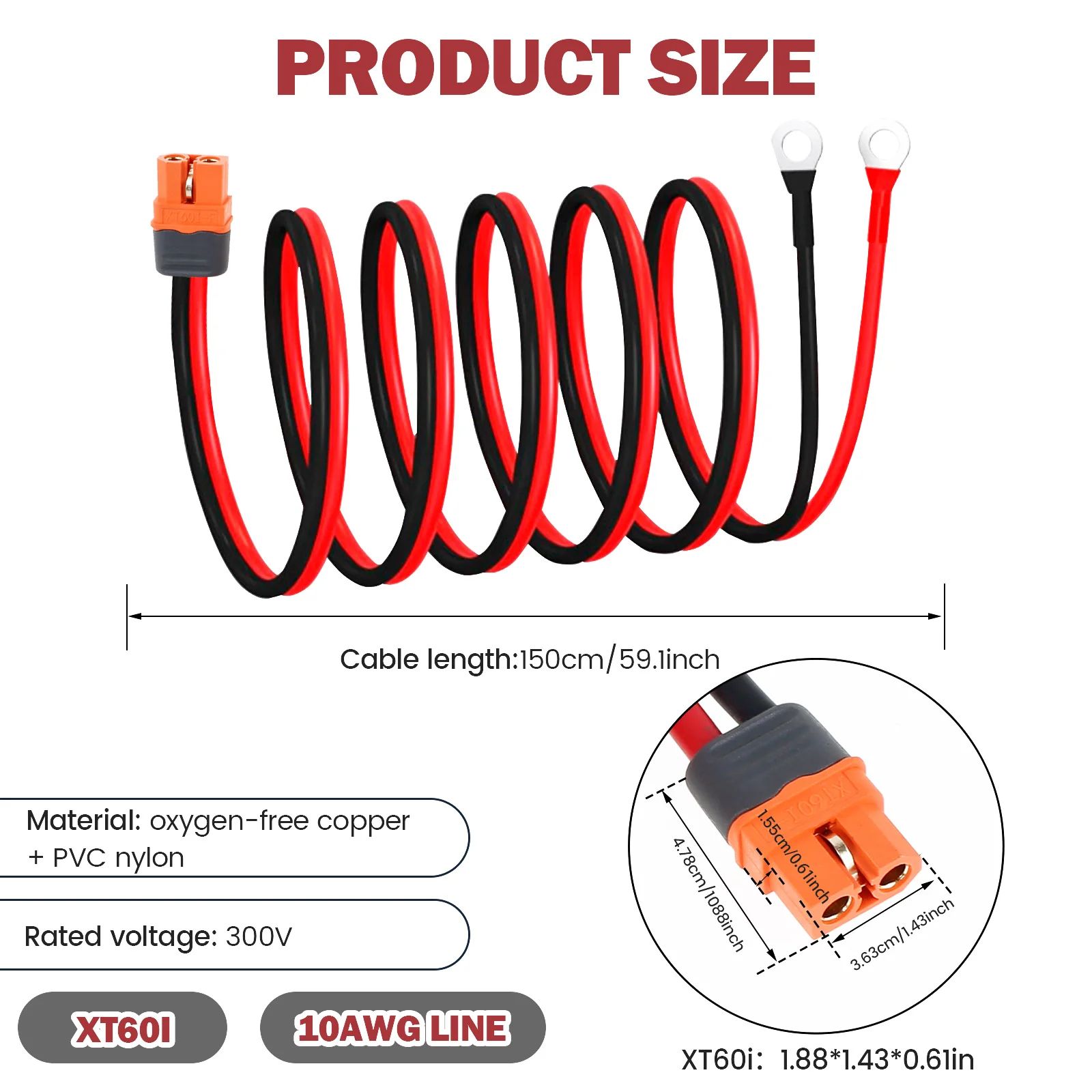 XT60 Charge Extension Cable with Ring Terminal Connector for Solar Battery and Electric Systems