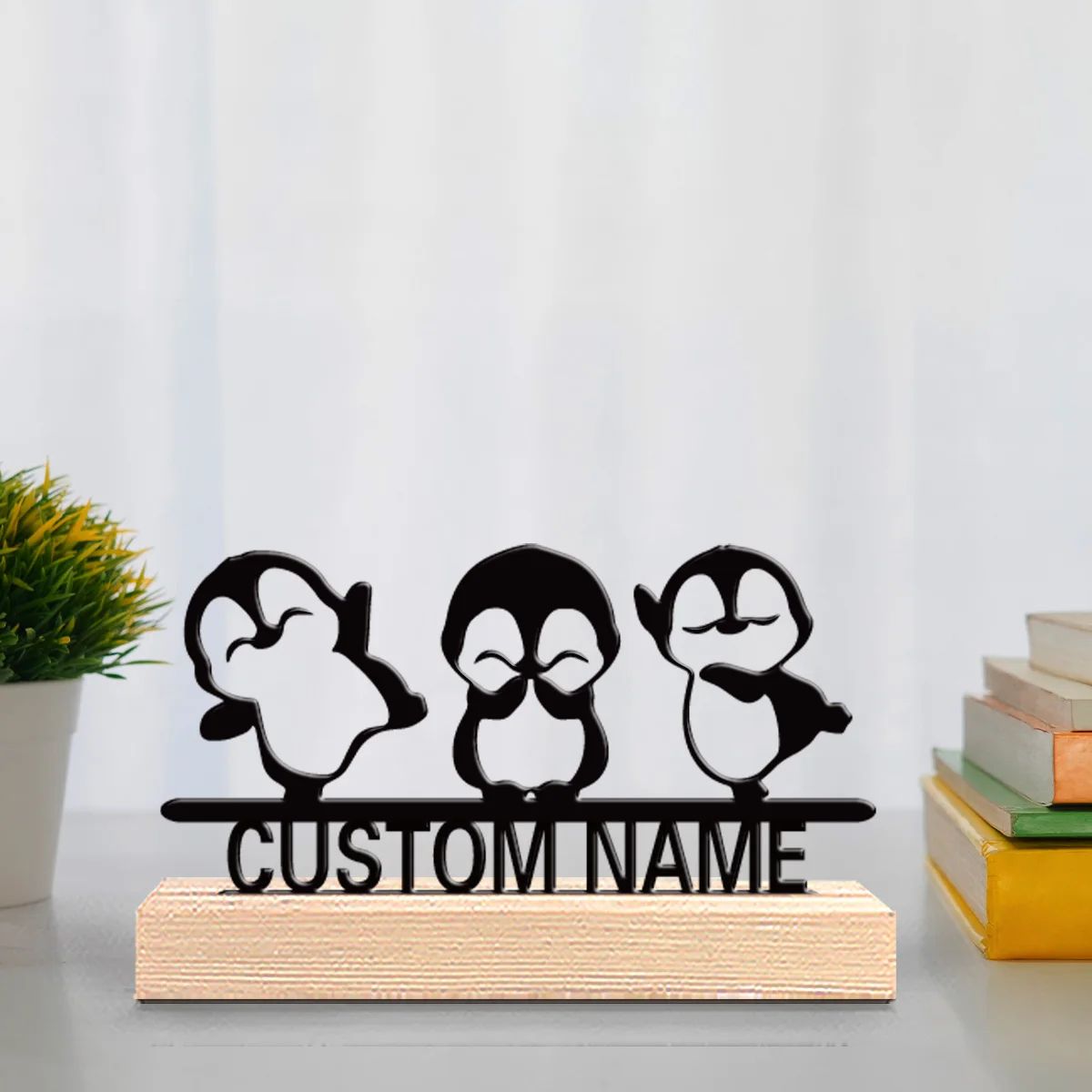 Custom Penguin Family Metal Decor with Wooden Base for Personalized Home Display