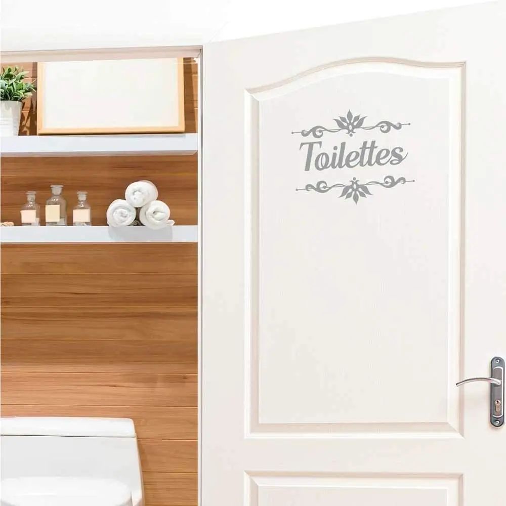 French Bathroom Door Sticker Floral Toilet Sign Waterproof Vinyl Wall Decal