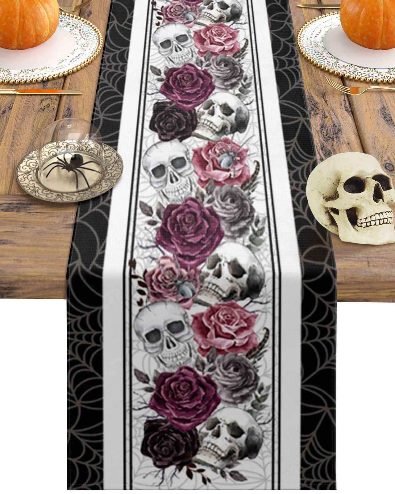 Halloween Skull Rose Linen Table Runner Gothic Crow Dining Table Decor