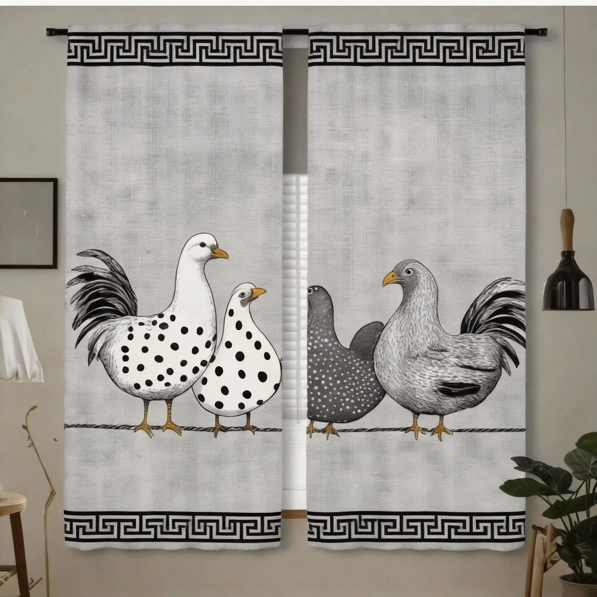 Retro Chicken Print Cafe Curtains Polka Dot Kitchen Window Drapes