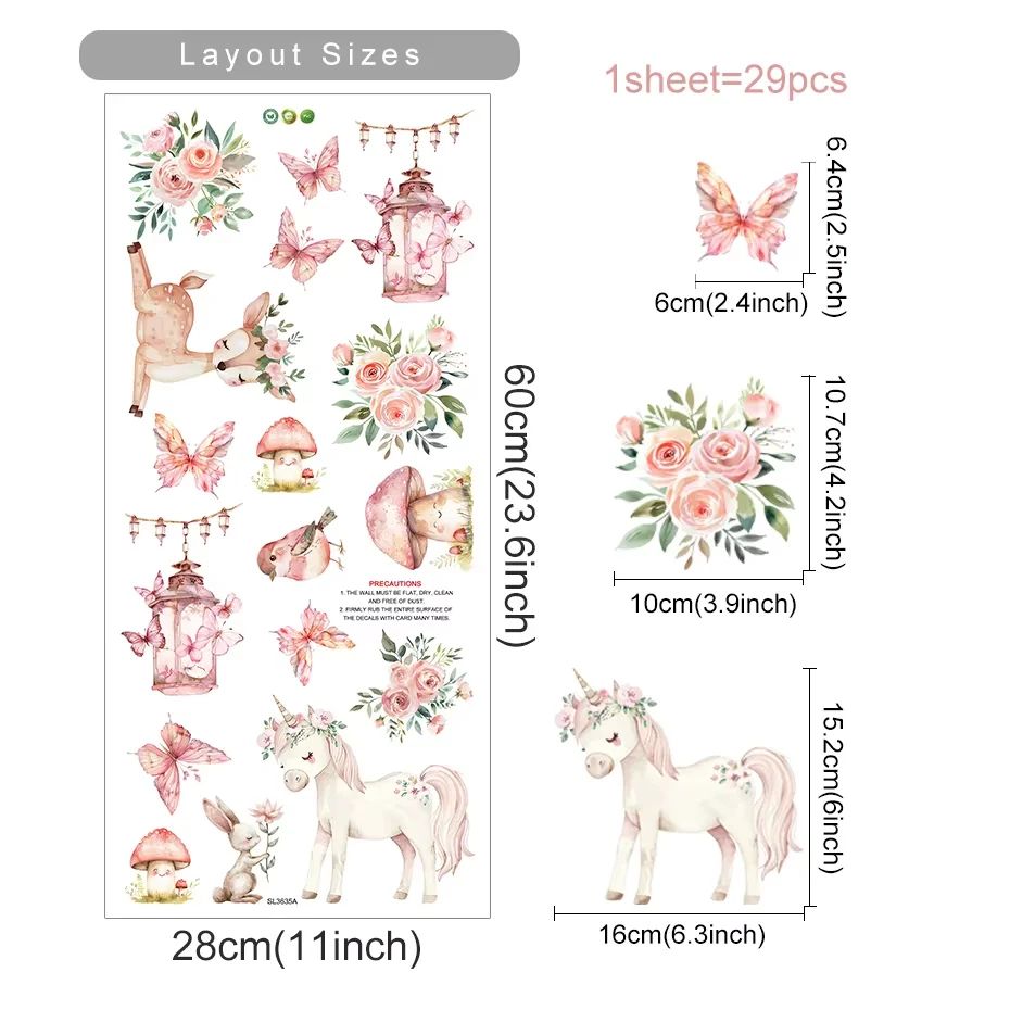 Unicorn Rainbow Wall Stickers Watercolor Kids Room Decor for Nursery and Bedroom