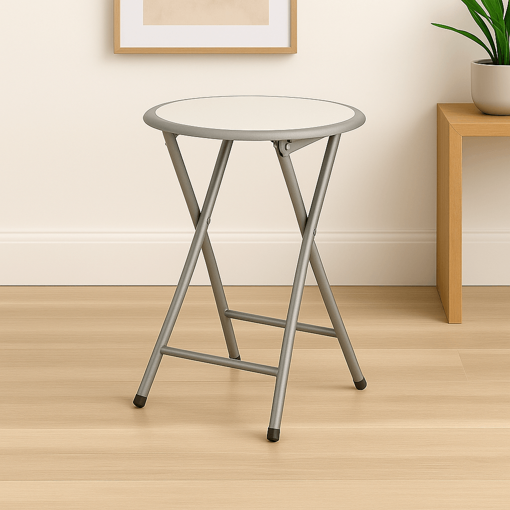 24-Inch White Padded Folding Stool 300 Pound Capacity, Portable and Space-Saving