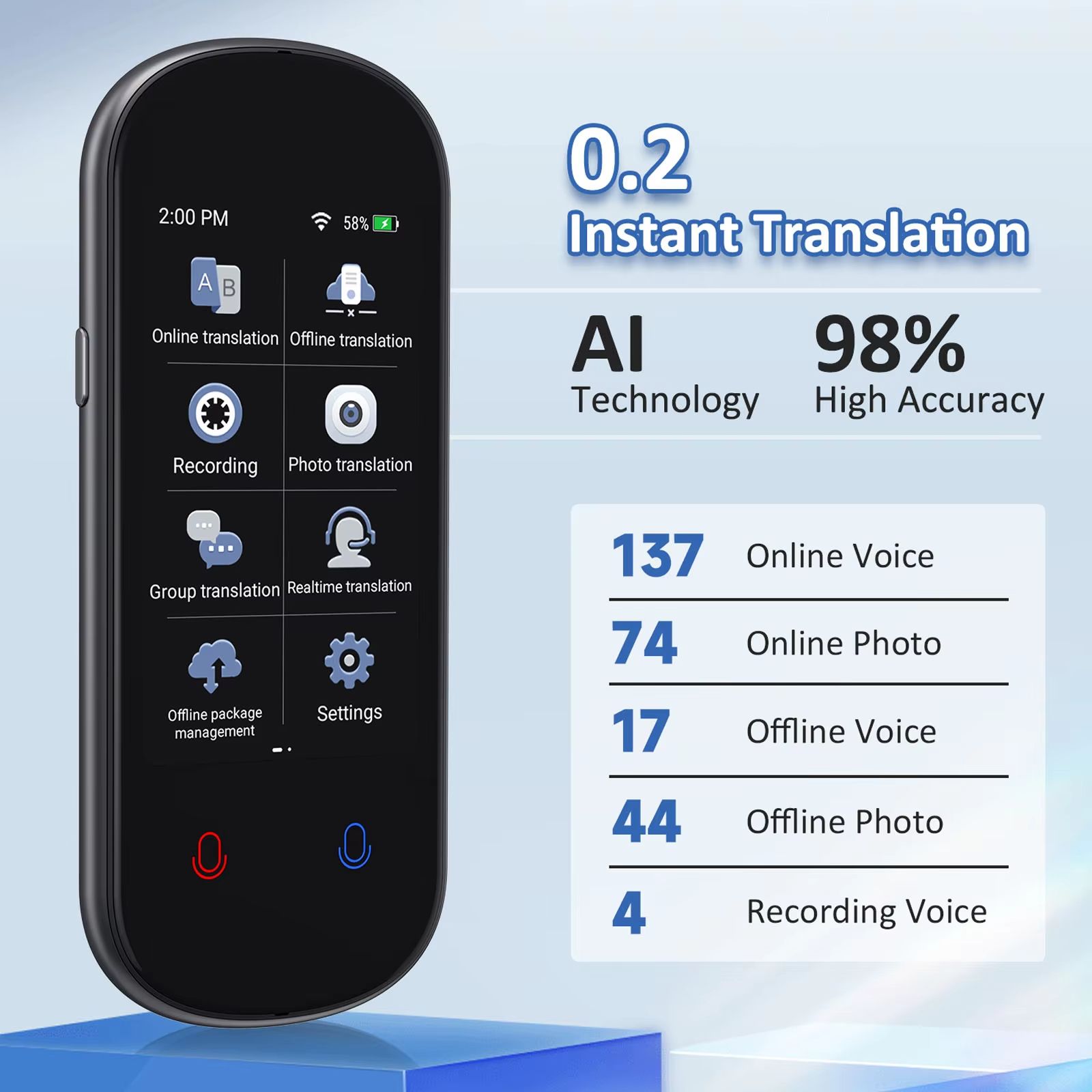 Z2 Instant AI Voice Translator - Real-Time Portable Language Translator with 3.1" Touchscreen, Photo & Recording Feature