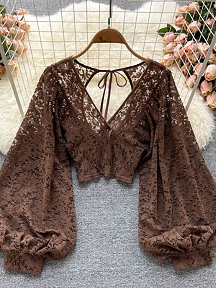 Women's Lace Open Back Blouse – V-Neck Puff Sleeve Cropped P