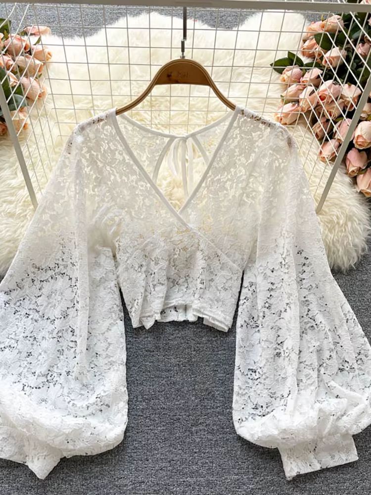 Women's Lace Open Back Blouse – V-Neck Puff Sleeve Cropped P