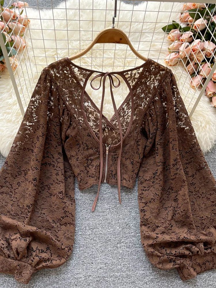 トップス rurumu: puff sleeve lace over blouse Women's Lace Open Back Blouse – V-Neck Puff Sleeve Cropped P