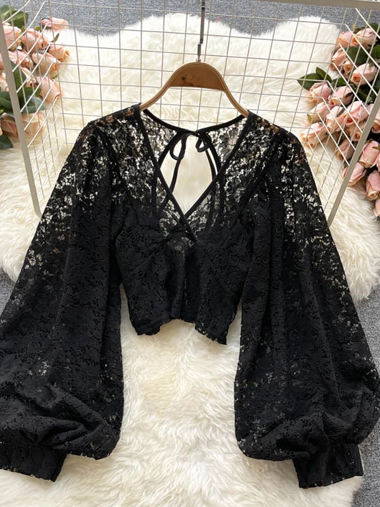 Women's Lace Open Back Blouse – V-Neck Puff Sleeve Cropped P